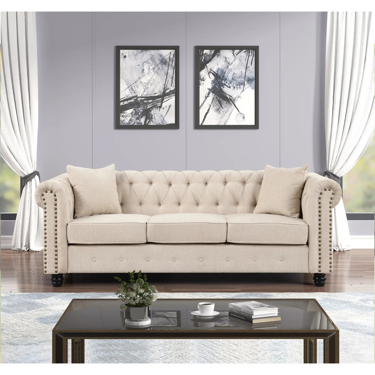 Neillsville 81" Linen Rolled Arm Chesterfield Sofa | Wayfair North America