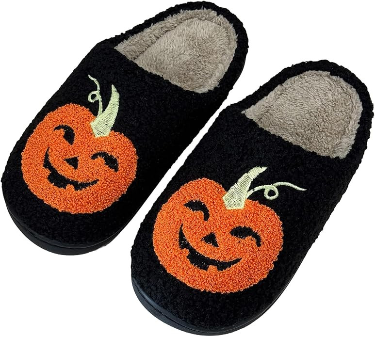 Women's Men's Cute Halloween Pumpkin Slippers Spooky Slippers Winter Warm Soft Fuzzy House Shoes | Amazon (US)
