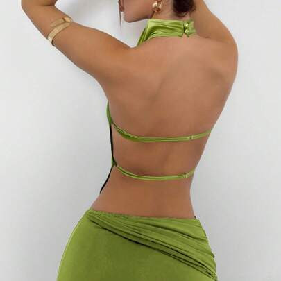 Women's Autumn/Winter New Party Halter Backless Tie-Up Knit Green Top | SHEIN