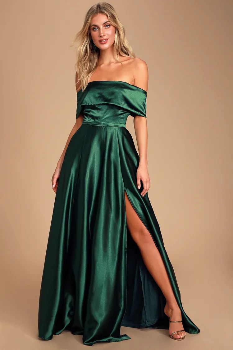 Greatest Hits Forest Green Satin Off-the-Shoulder Maxi Dress | Lulus (US)
