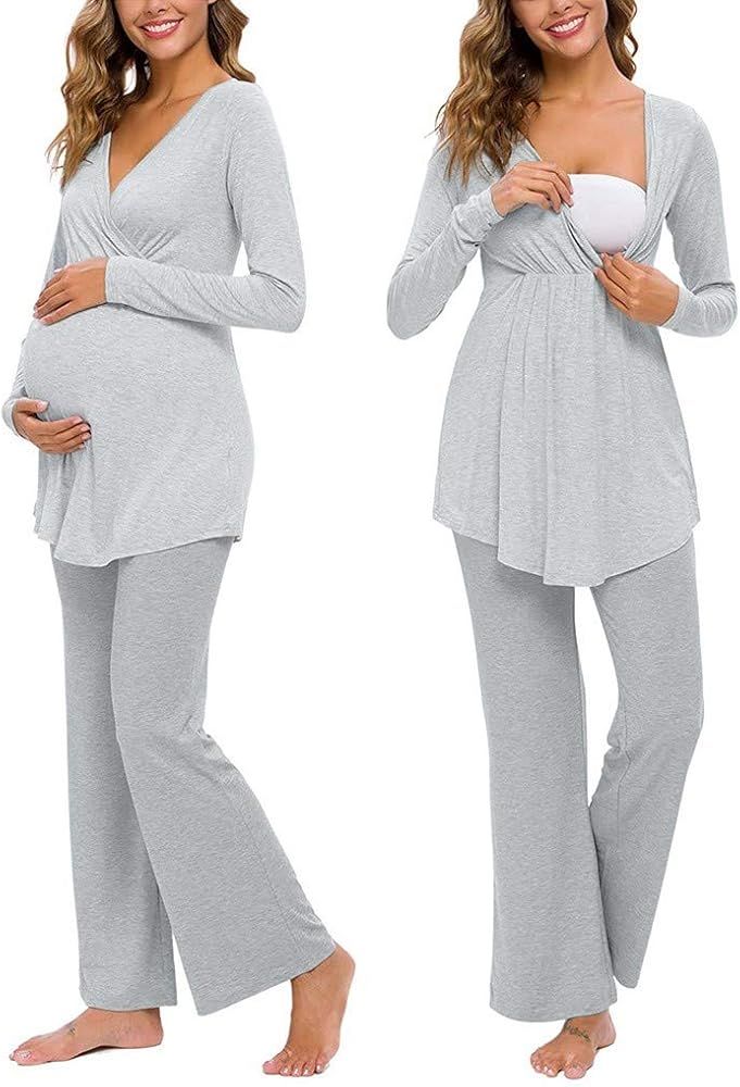 Nursing Sleepwear Sets Maternity Hospital/Delivery/Pajamas Long Sleeve Top +Pants Breastfeeding/Preg | Amazon (US)
