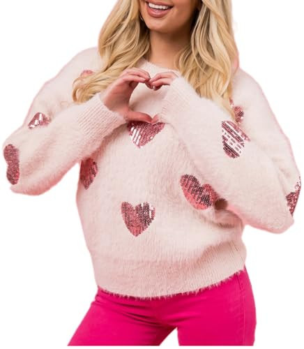 Yiulangde Sequin Valentine Pink Heart Sweater Knit Pullover Tops Cute Valentine's Day Love Hearts Graphic Sweatshirt Sweaters for Women | Amazon (US)