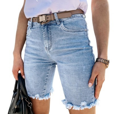 Women Distressed Denim Bermuda Shorts with Frayed Tassel Hem Casual Fit | Target
