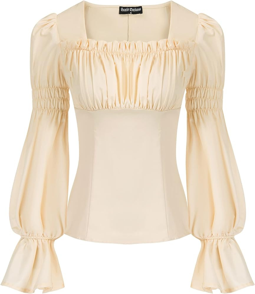 Women Peasant Blouse Long Puff Sleeve Ruffle Ruched Pirate Renaissance Corset Tops | Amazon (US)