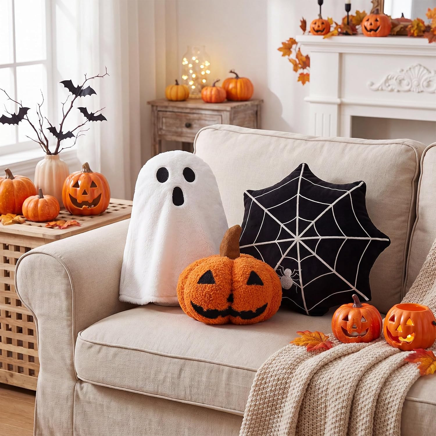 Thyle 3 Pack Halloween Throw Pillows Ghost Pumpkin Spider Web Plush Halloween Decor Decorative Pillowcase Cushion for Couch Sofa Bed Party Home Decorations | Amazon (US)
