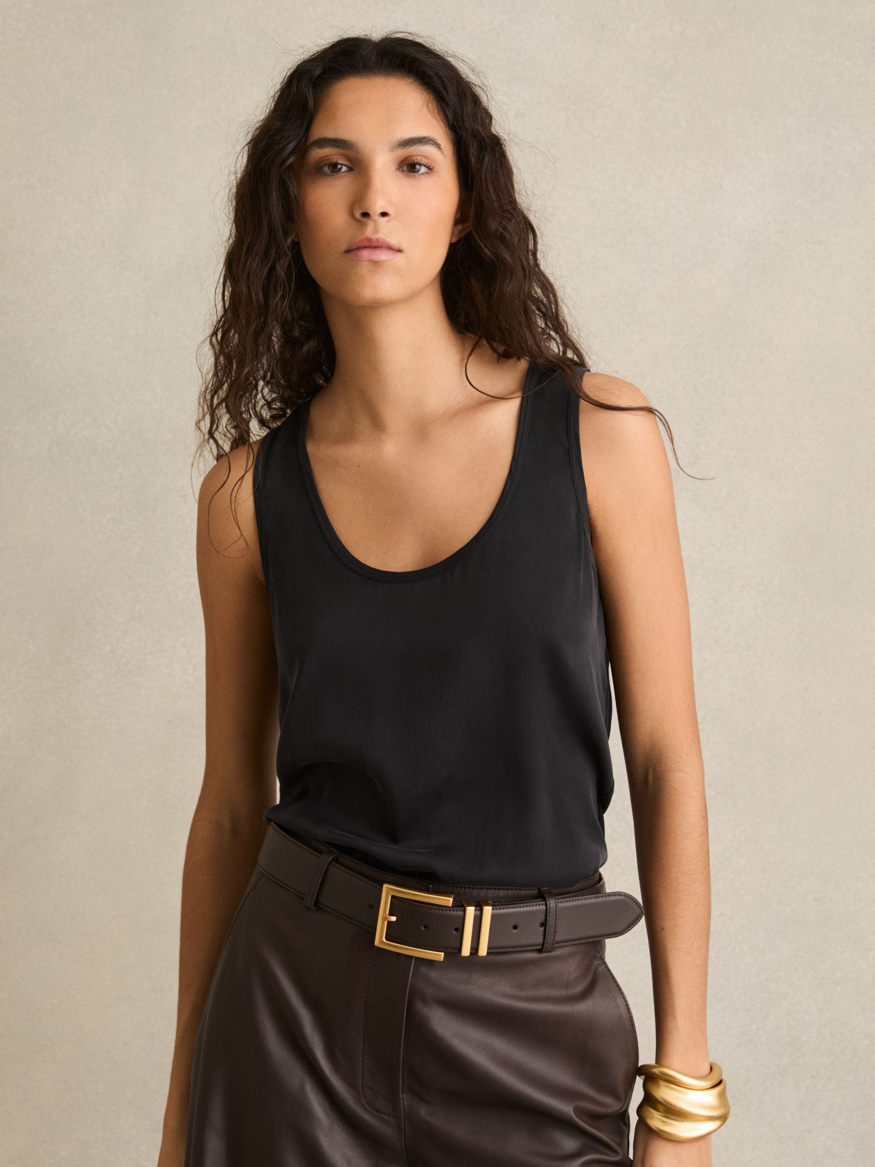 Silk-Front Cami Top in Black | Reiss UK
