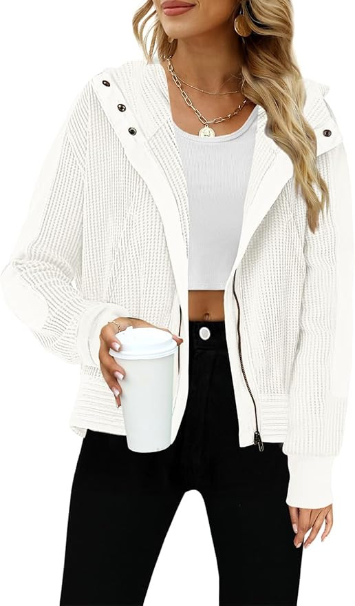 Yanekop Womens Waffle Knit Hoodies Zip Up Shirt Jacket Slouchy Short Jackets Casual Long Sleeve S... | Amazon (US)