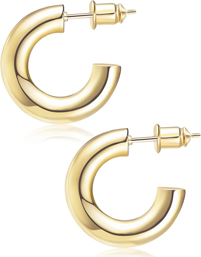 Wowshow Chunky Gold Hoop Earrings, Small Gold Hoop Earrings for Women 14K Real Gold Plated Thick ... | Amazon (US)