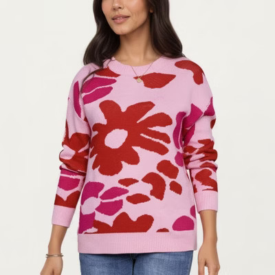 Anna-Kaci Women's Bold Floral Pattern Knit Sweater with Soft Textured Feel, Long Sleeves and Comfortable Relaxed Fit - Medium, Pink | Target