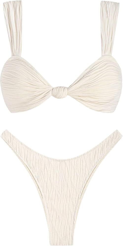 ZAFUL 2025 Cheeky Bikini Sets for Women High Cut Swimsuit Textured Ribbed Bikini Thong Bathing Su... | Amazon (US)