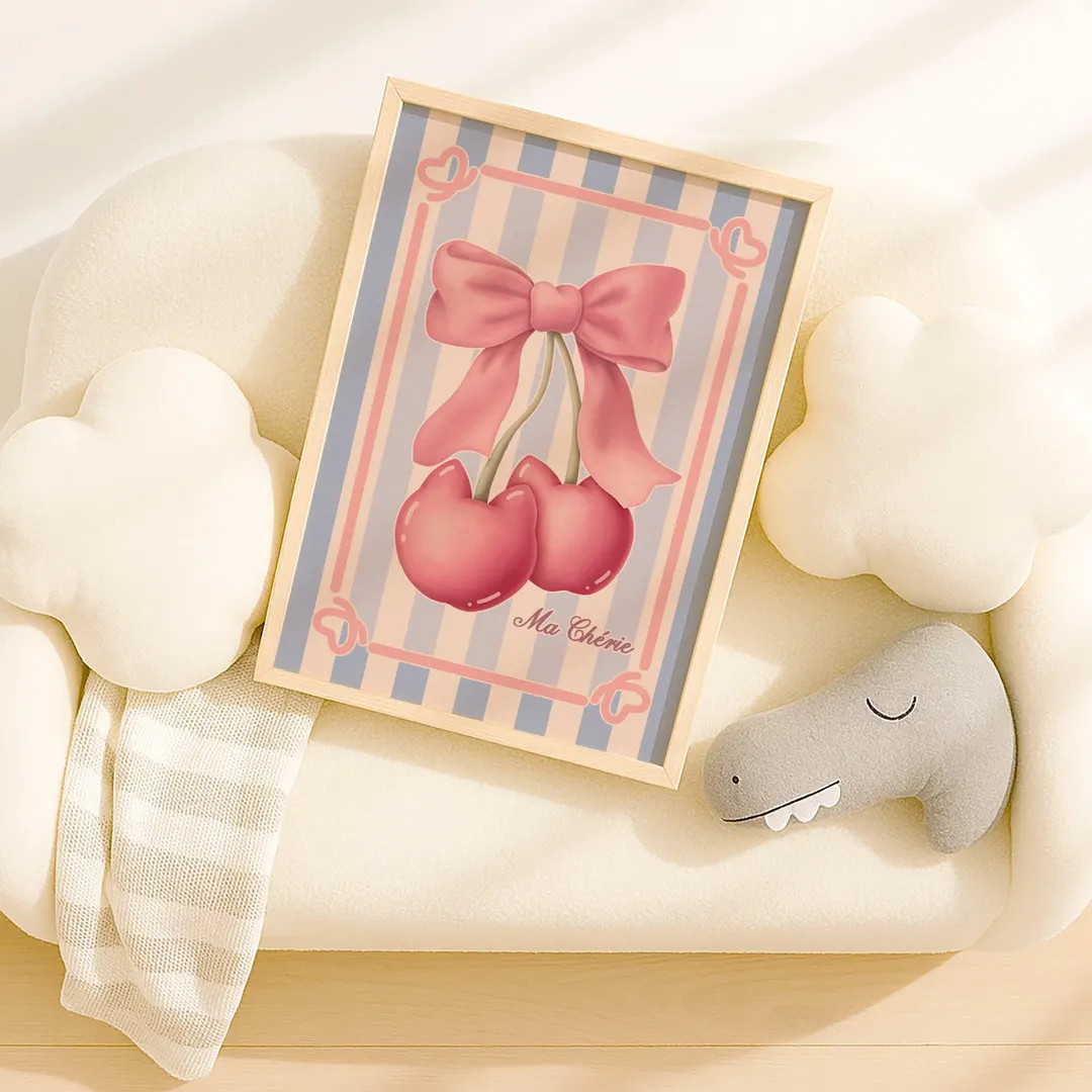 Coquette Cherry Cat Ma Cherie Print: Pink Bow, Blue Stripe (digital Download) - Etsy | Etsy (US)