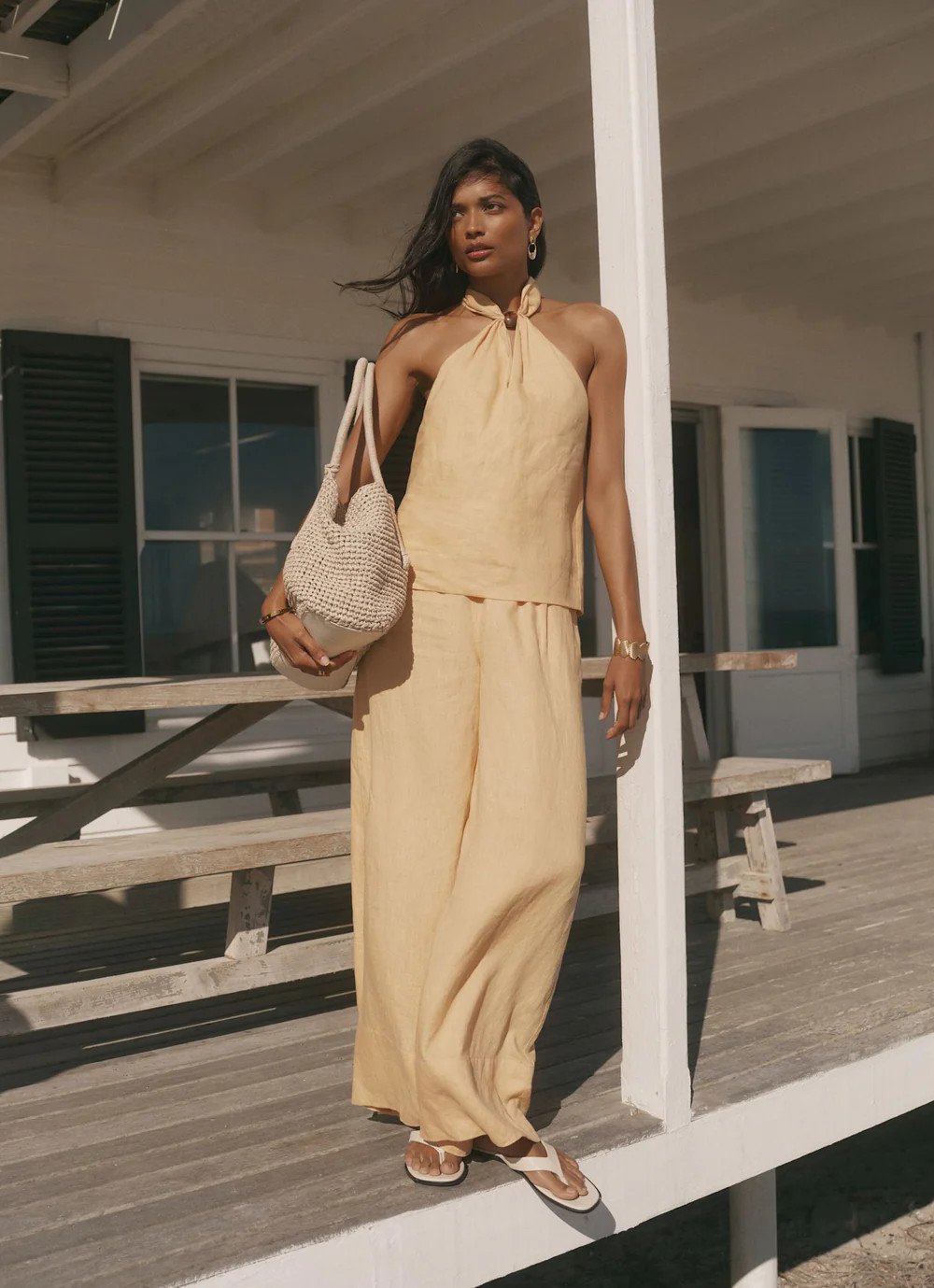 Yellow Linen Drawstring Wide Leg Trousers | Mint Velvet