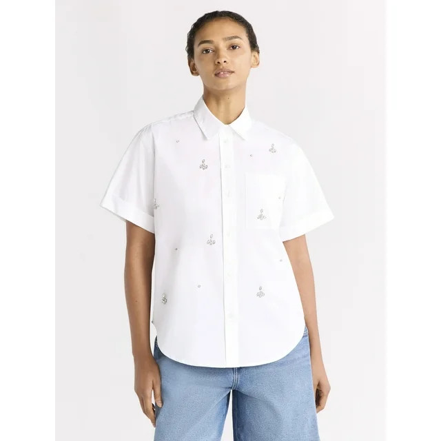 Free Assembly Women's Embellished Cotton Button Up Shirt, Sizes XS-XXL | Walmart (US)