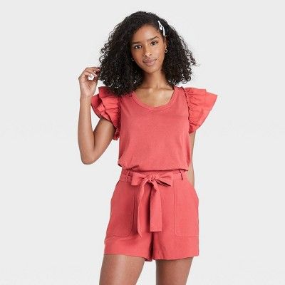 Women's Ruffle Short Sleeve Scoop Neck Mixed Media T-Shirt - A New Day™ | Target