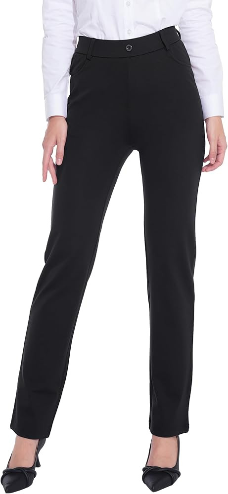ZTN Women's Stretchy Dress Pants 28"/30" Pull-on Trousers Straight Leg Slacks 4 Pockets Plus Size... | Amazon (US)