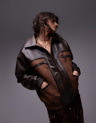 Topshop contrast seam detail faux leather jacket in multi | ASOS (Global)