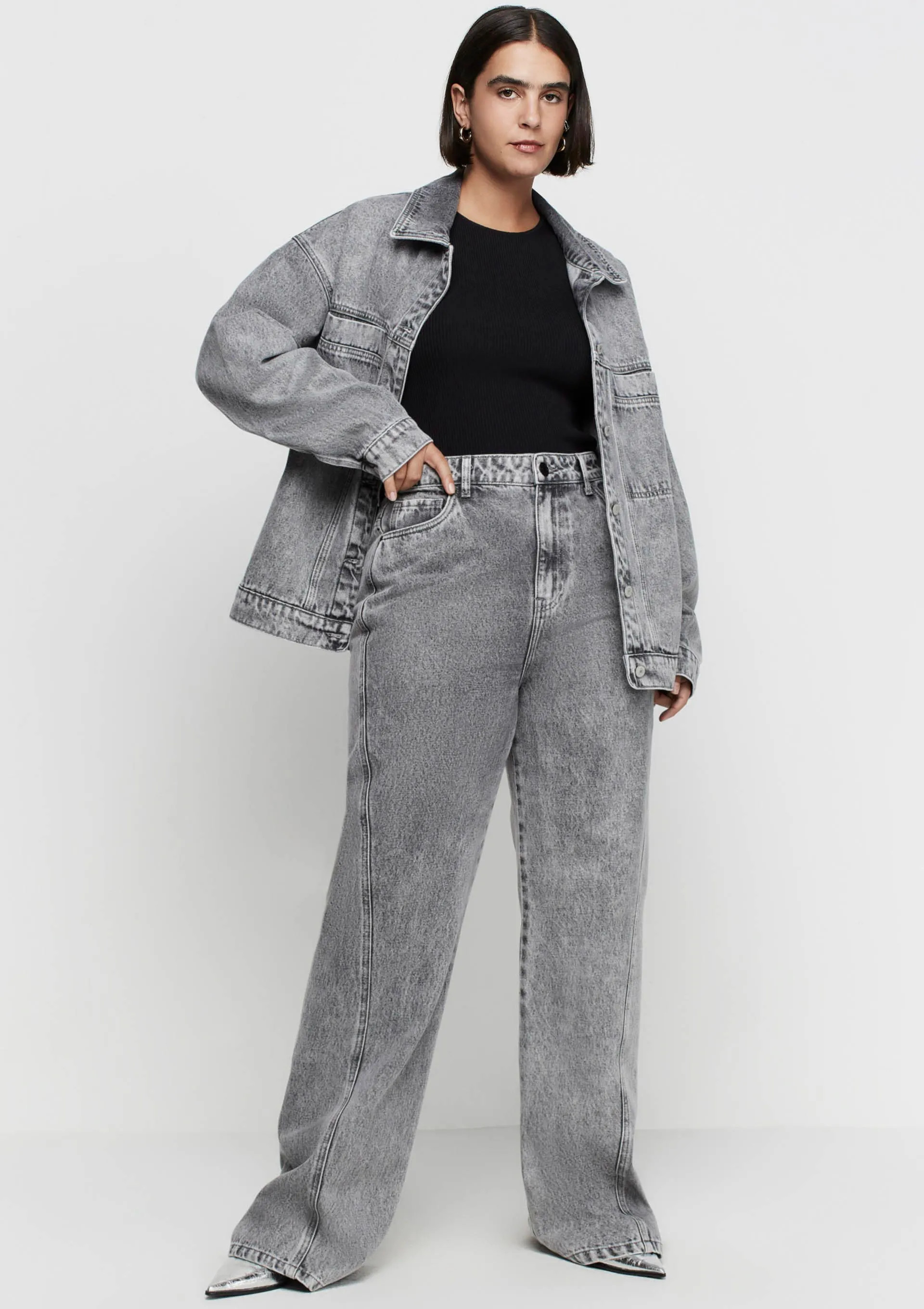 Calça Jeans Wide Leg Super Alongada Cintura Alta - Cinza - DZARM | Moda Versátil, Cool e Atempo... | DzarmHering (BR)