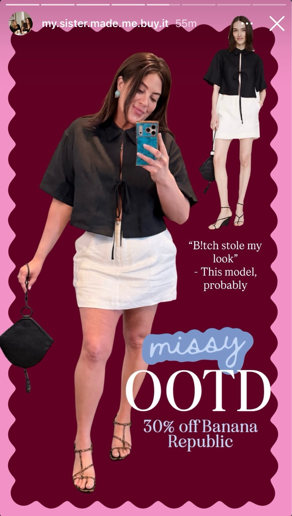 Shop the full look here!
1. Banana Republic Linen Tie-Front Shirt (30% off‼️): Size down if between sizes
2. Banana Republic Linen Mini-Skort (30% off‼️): Runs 1/2 size big in the waist. Perfect length and also comes in black.
3. Cult Gaia Una Earrings
4. Amazon Square Neck Tank Top (50% off‼️): Available in black but also a ton of other colors. I size down for a more cropped, fitted look.
5. FLAUNT Elite Collection Square Gilded Phone Case: Fits iPhone models 13 - 17 Pro
6. Quince Italian Leather Handwoven Clutch: 60% off‼️ Available in black and dark brown.
7. Galley Los Angeles May Vintage Earrings
8. Target SUGARFIX by BaubleBar Gold & Turquoise Earrings: Only $12.00 and look so much more expensive than they are.
9. Macrame Ring Handle Bag, available in navy, dark brown, and cream

And the black handbag and shoes aren’t supported on LTK, but you can shop them directly here:
👡 Circus by Sam Edelman Jaida Dress Sandals (only $29.99 and super-comfy; true to size): https://www.bealls.com/women-s-jaida-dress-sandals-pb0009109785/
👜 Black Bembien Esme Handbag: https://liketk.it/6e2xJ

#LTKSaleAlert #LTKootd #LTKMidsize