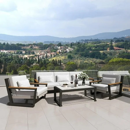 Aluminum Outdoor Patio Furniture Set 5 Seat, Patio Conversation Set with Durable Mesh Rope Weaving, Wide Armrests and Seats, Metal Sofa Set for Patio Grey | Walmart (US)