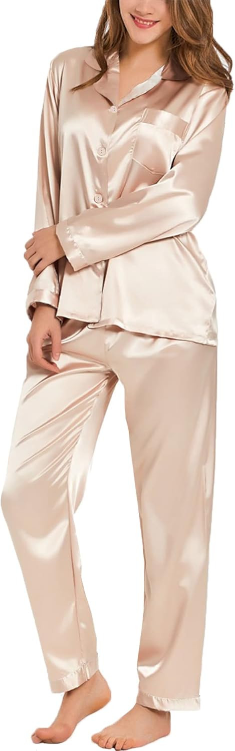 SWOMOG Long Sleeve Pajamas Set Silk Satin Sleepwear Button Down Pjs Loungewear with Pocket | Amazon (US)