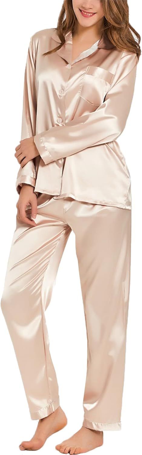 SWOMOG Long Sleeve Pajamas Set Silk Satin Sleepwear Button Down Pjs Loungewear with Pocket | Amazon (US)