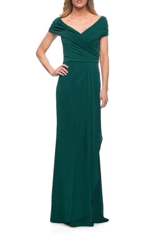 La Femme Ruched Jersey Long Gown with V-Neckline in Emerald at Nordstrom, Size 20 | Nordstrom