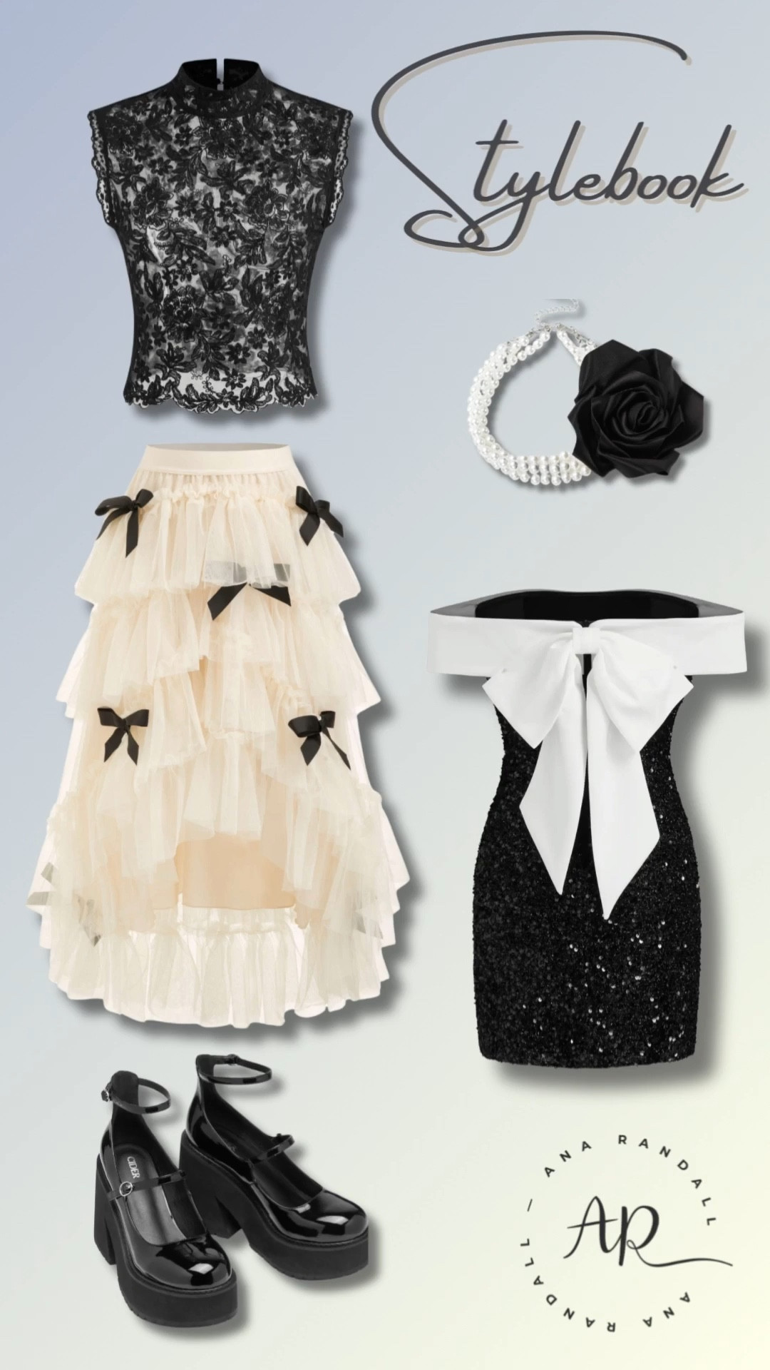 Black & white stylebook for modern, feminine looks.
A lace high-neck top, romantic tiered skirt with bow details, and statement black heels create a chic contrast of elegance and edge. Finished with a bow-accent mini dress and floral jewelry, this monochrome edit is perfect for parties, date nights, and special occasions.

#blackandwhiteoutfit #monochromestyle #partyoutfits #femininefashion #lacefashion #statementheels #eveningstyle #specialoccasion #LTKfinds

#LTKdayinmylife #LTKOver40 #LTKSaleAlert