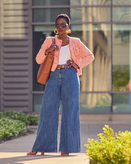 Blue jeans and a colorful collarless lady jacket outfit ❤️ Summer elevated casual, denim style, j.Crew, how to style wide-leg jeans

#LTKstyletip #LTKfindsunder100 #LTKover40