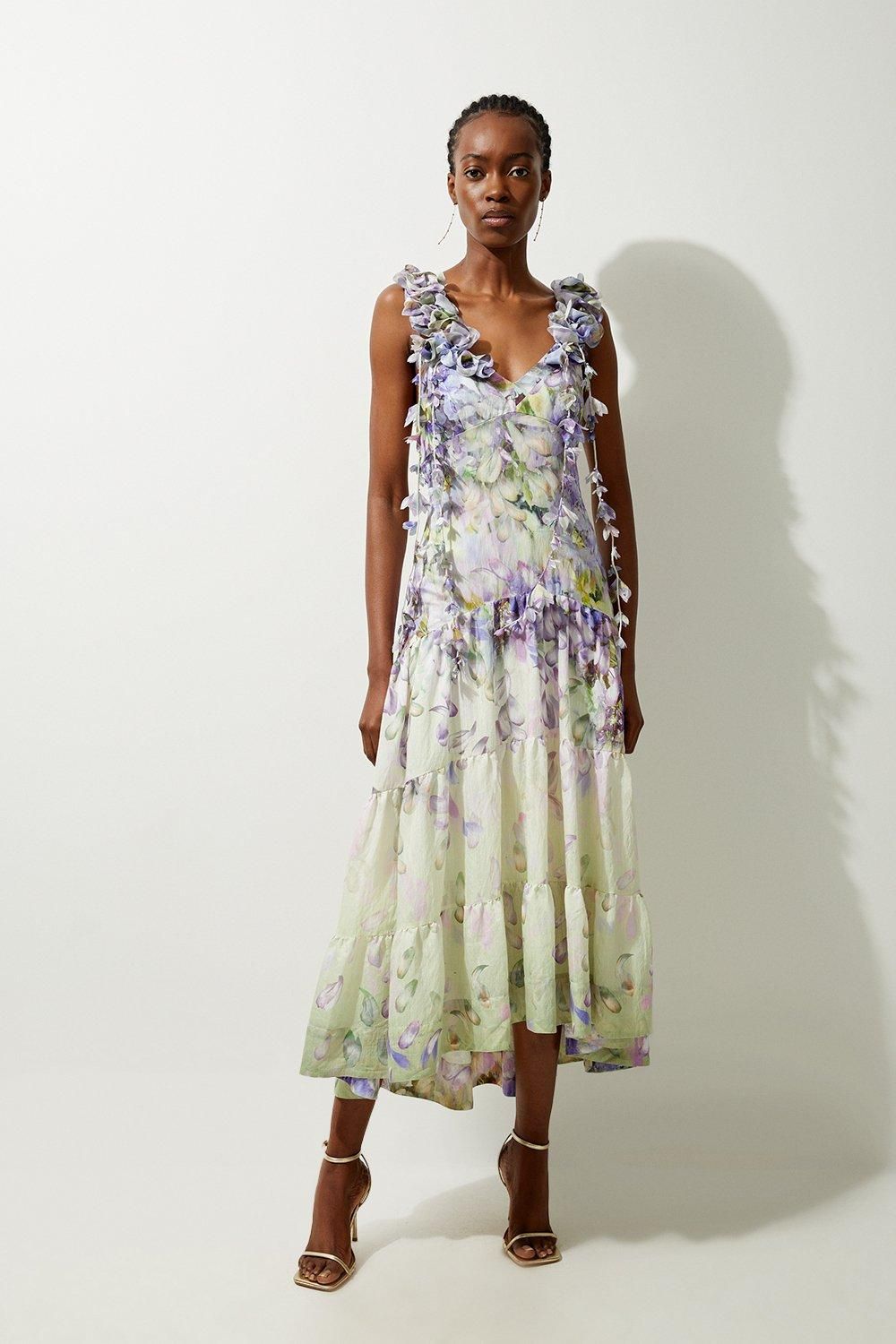 Petite Floral Applique Woven Strappy Woven Maxi Dress | Karen Millen US