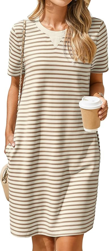 Glamaker Women Summer Tshirt Shift Dress Casual Striped Short Sleeve Crew Neck Knee Length Comfy ... | Amazon (US)