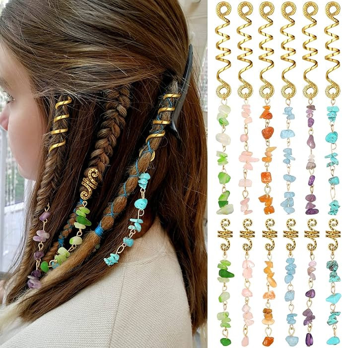 12 Pcs Natural Stone Pendant Hair Jewelry Crystal Dreadlock Metal Clips and Pirate Charms for Wom... | Amazon (US)