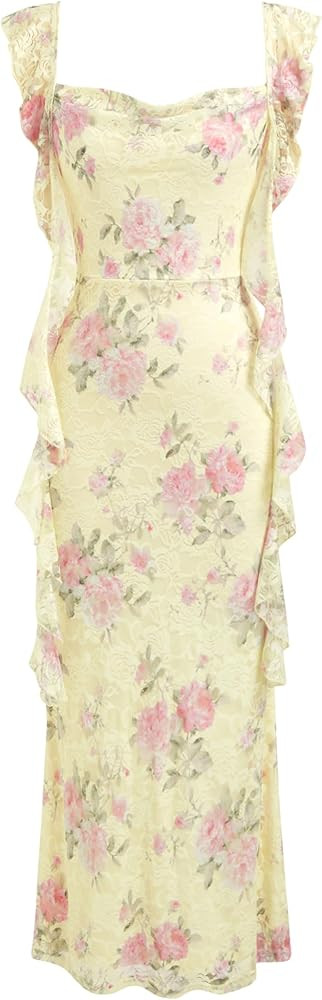 CIDER Formal Dresses for Women Wedding Guest Dresses Summer Maxi Dress Sleeveless Mesh Ruffle Coc... | Amazon (US)