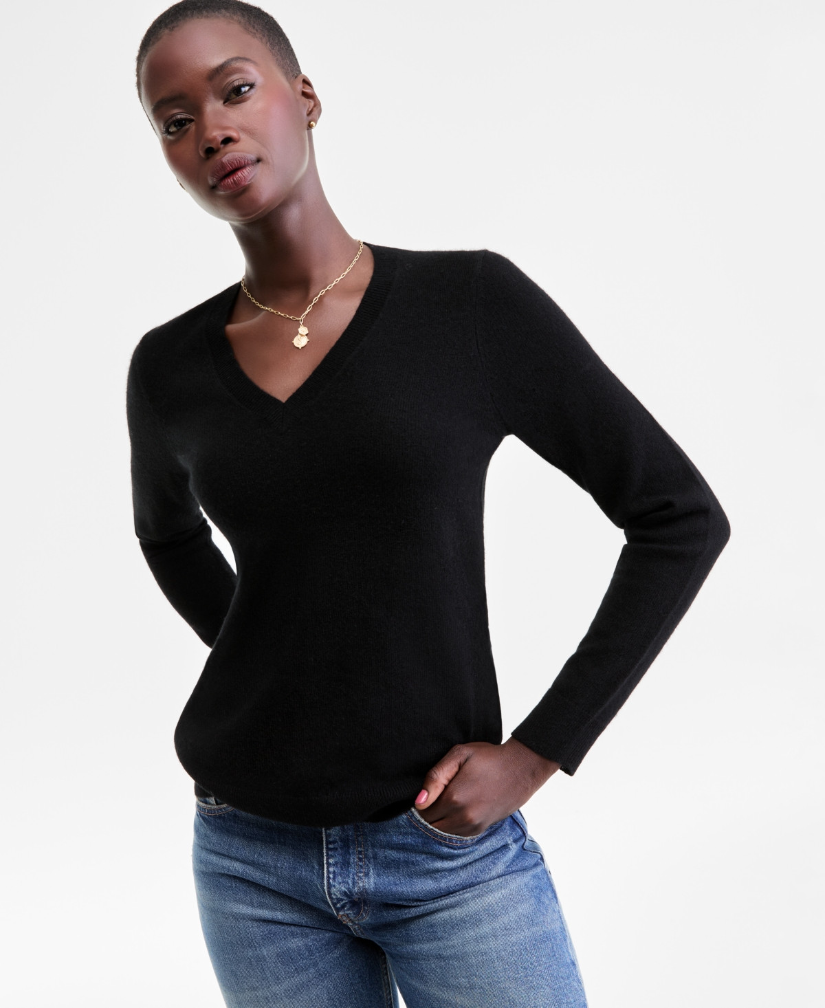 Charter Club 100% Cashmere Women's V-Neck Long-Sleeve Sweater, Macy's Exclusive - Classic Black | Macy's