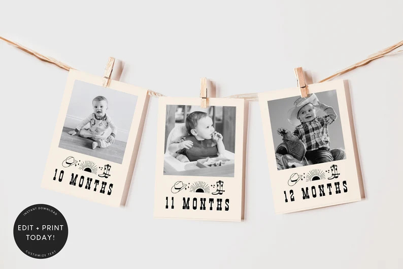 First Birthday Photo Banner Template, First Rodeo, Birthday Boy, 12 Month Cards, Western, Cowboy,... | Etsy (US)