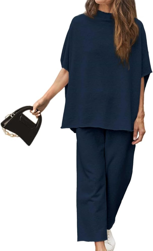 Ainangua Women Casual Two Piece Outfits 3/4 Batwing Sleeve Capelet CrewNeck Pullover Top Wide Leg... | Amazon (US)