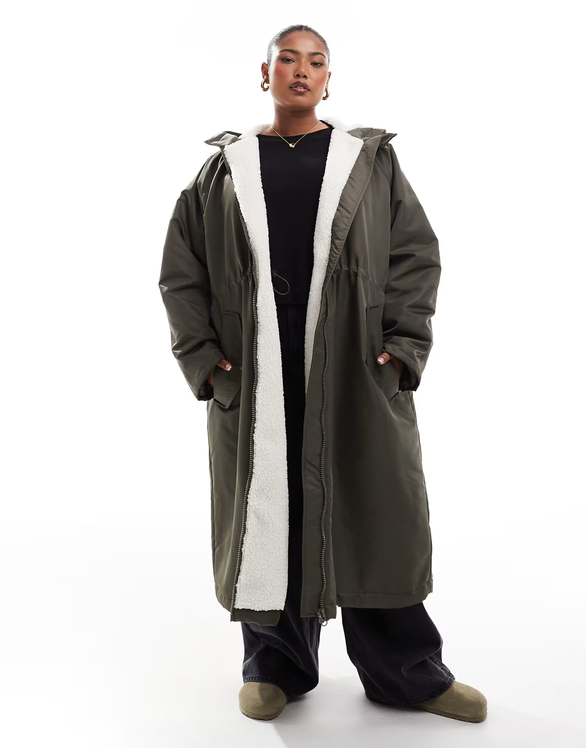ASOS DESIGN Curve teddy lined longline rain coat in khaki | ASOS (Global)