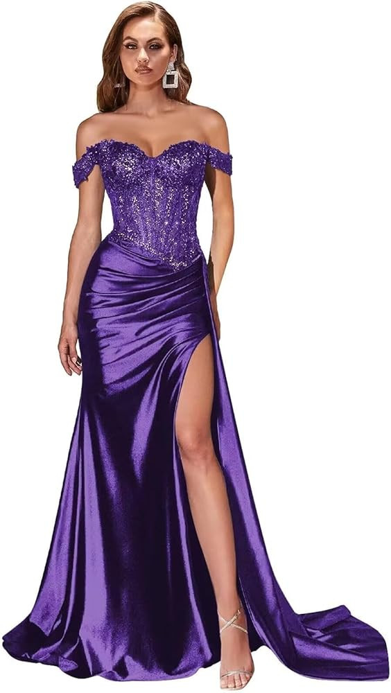 Mermaid Prom Dresses for Women Appliques Satin Formal Dress with Slit LW078 | Amazon (US)