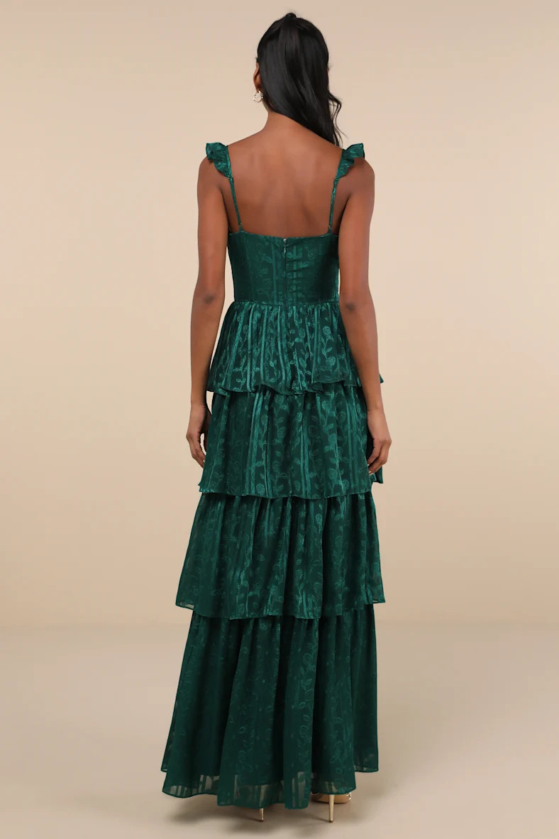 Stunning Glory Hunter Green Floral Jacquard Tiered Maxi Dress | Lulus