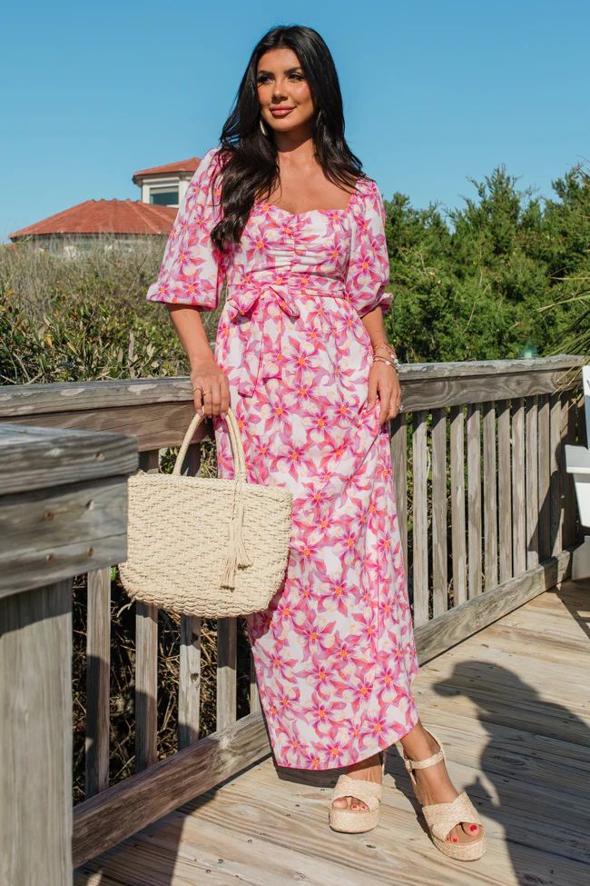 Back To Fun Pink Floral Square Neck Midi Dress | Pink Lily