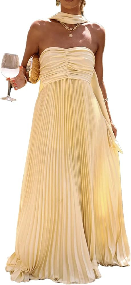 Women Bridesmaid Dresses with Scarf Strapless Pleated Flowy Solid Long Formal Wedding Guest Dress... | Amazon (US)