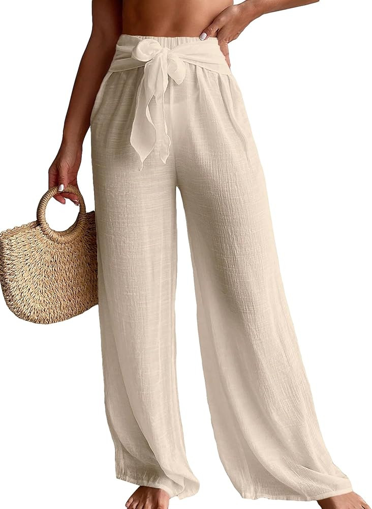 SHENHE Women's Swim Cover Up Pants Tie Front Wide Leg Loose Beach Palazzo Pants Coverups | Amazon (US)