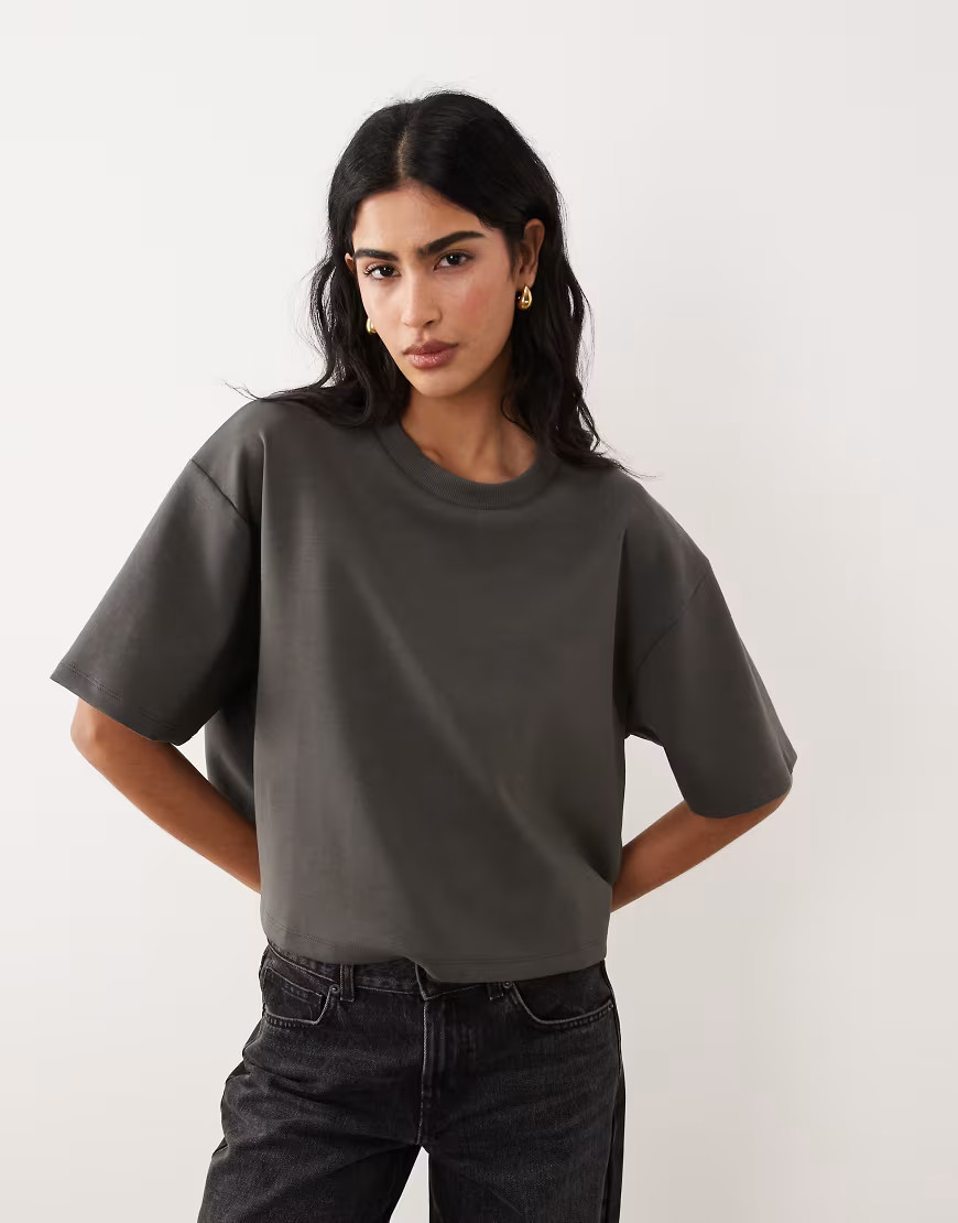 ASOS DESIGN interlock boxy crop short sleeve t-shirt in dark grey | ASOS (Global)