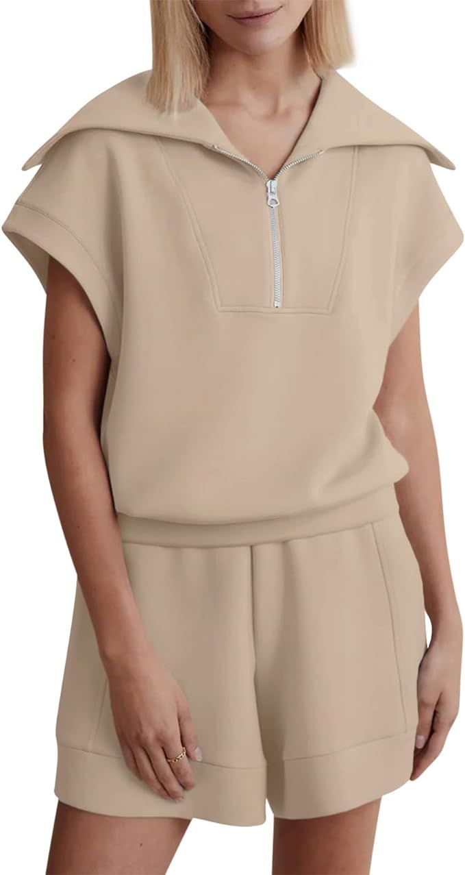Zwurew 2 Piece Outfits for Women Half Zip Up Short Sets Cap Sleeve Sweat Suits S-2XL | Amazon (US)