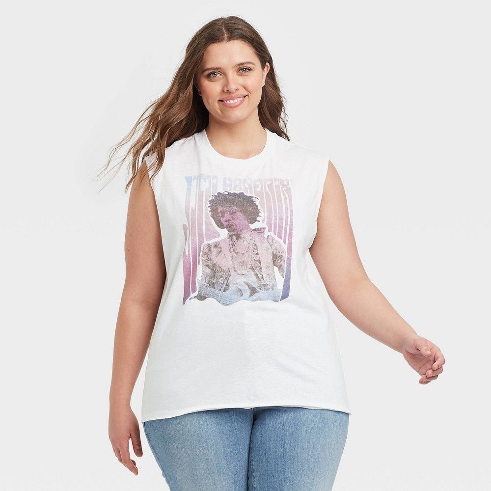 Women's Jimmy Hendrix Plus Size Muscle Graphic Tank Top - White 1X | Target