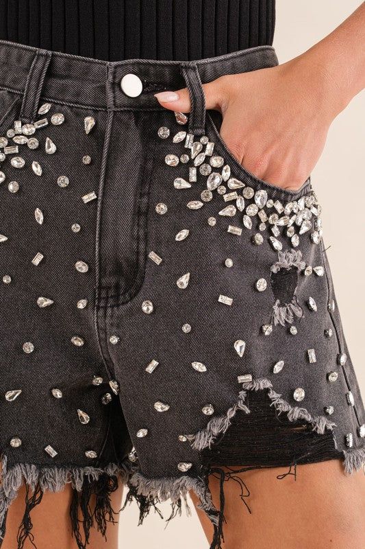 NEW!! Rhinestone Black Denim Shorts | Glitzy Bella