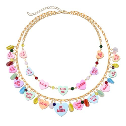 BVGA Valentines Necklace for Her Multi Colorful Conversation Candy Heart Rhinestone Charms Layered Choker Necklace Valentines Jewelry Accessories Gifts for Women | Amazon (US)