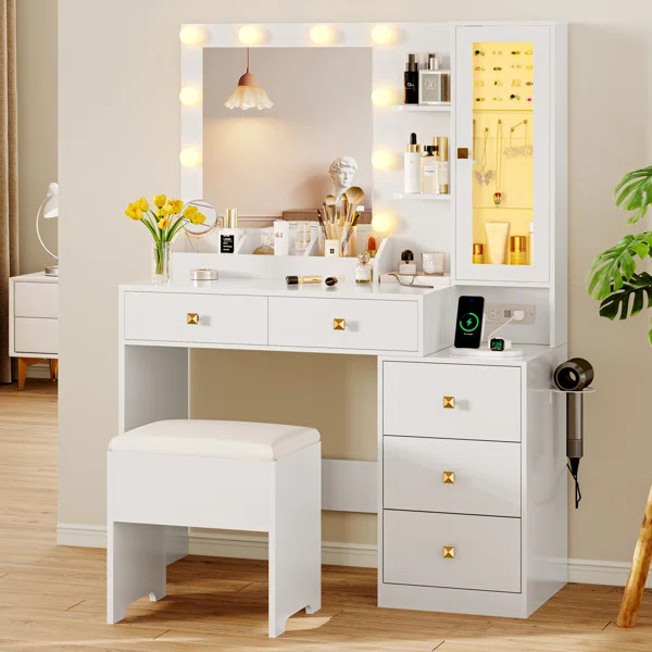 Vanity Desk with Mirror and Lights, Makeup Vanity with 5 Drawers and Hidden Jewelry Organizer | Wayfair North America