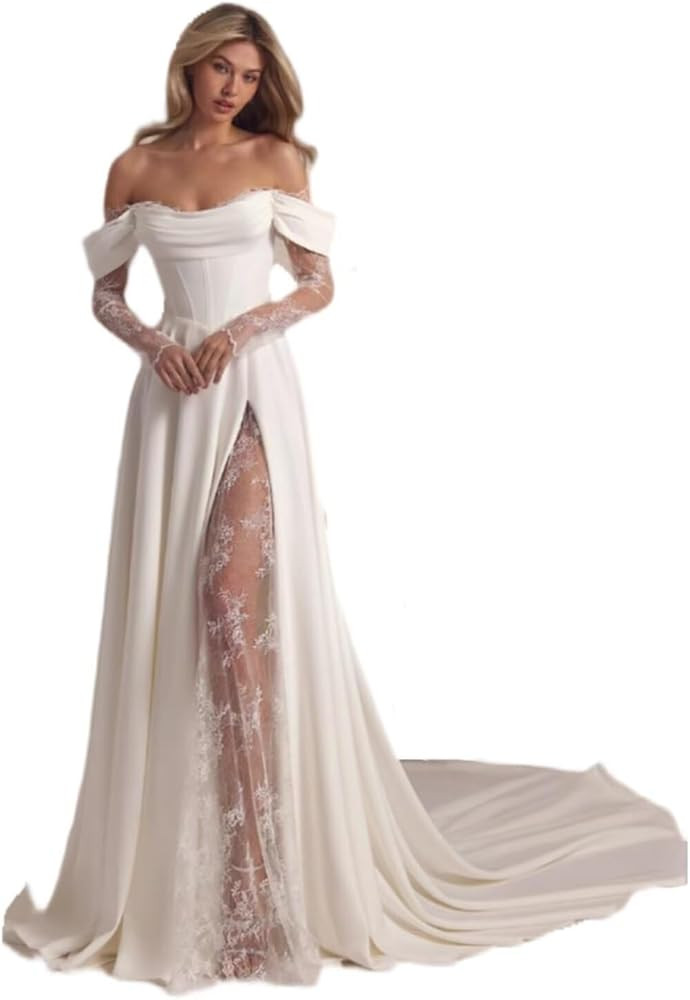 Wedding Dresses for Bride 2024 Long Sleeves A-Line Tulle Lace Applique Off Shoulder Ball Gowns Br... | Amazon (US)
