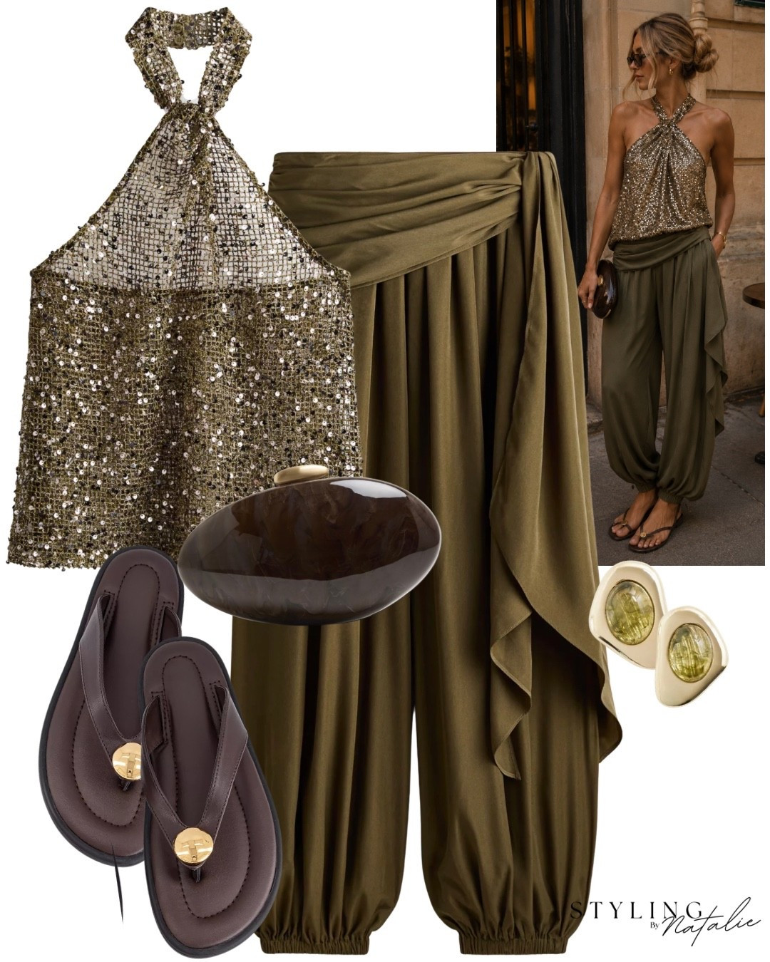 Summer nights✨
Sequin net halter neck top, khaki balloon trousers, shell acrylic clutch and thong sandals. 
Party outfit, vacation, going out, club, Ibiza outfit

#LTKsummer #LTKuk #LTKeurope