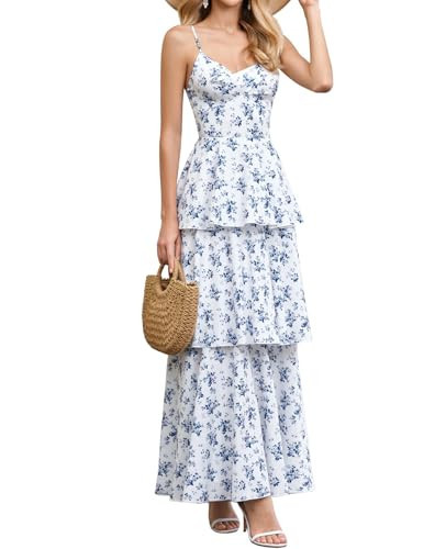 XinFSh Women's Summer Floral Wedding Guest Maxi Dress Flowy Tiered Ruffle Backless Long Garden Party Beach Sundresses Bluefloral | Amazon (US)